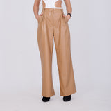 Beige Wide Leg Leather Pants