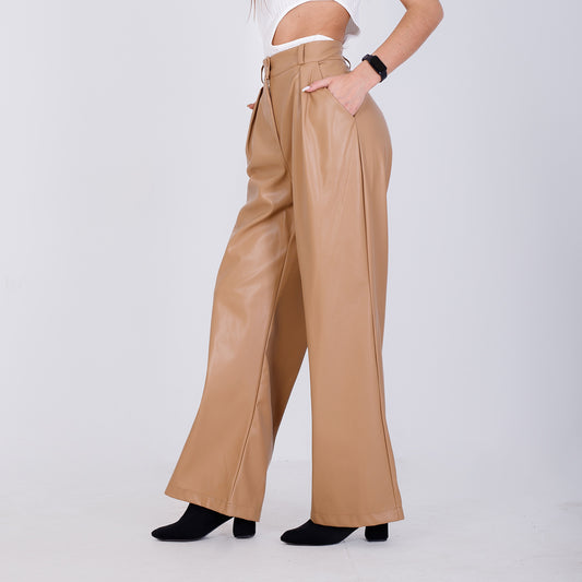 Beige Wide Leg Leather Pants