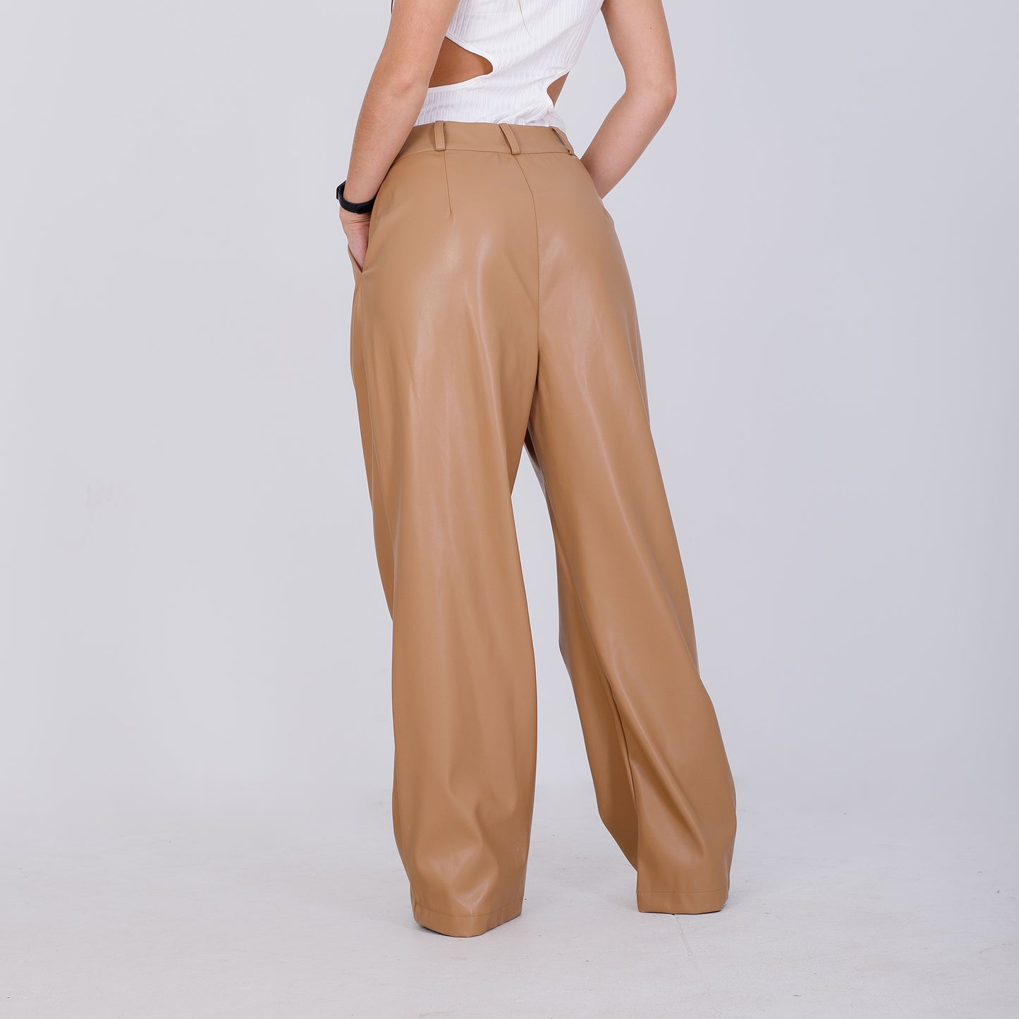 Beige Wide Leg Leather Pants