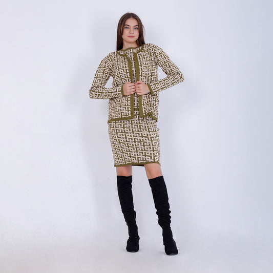 Olive Jacquard Set of Jacket, Top & Midi Skirt