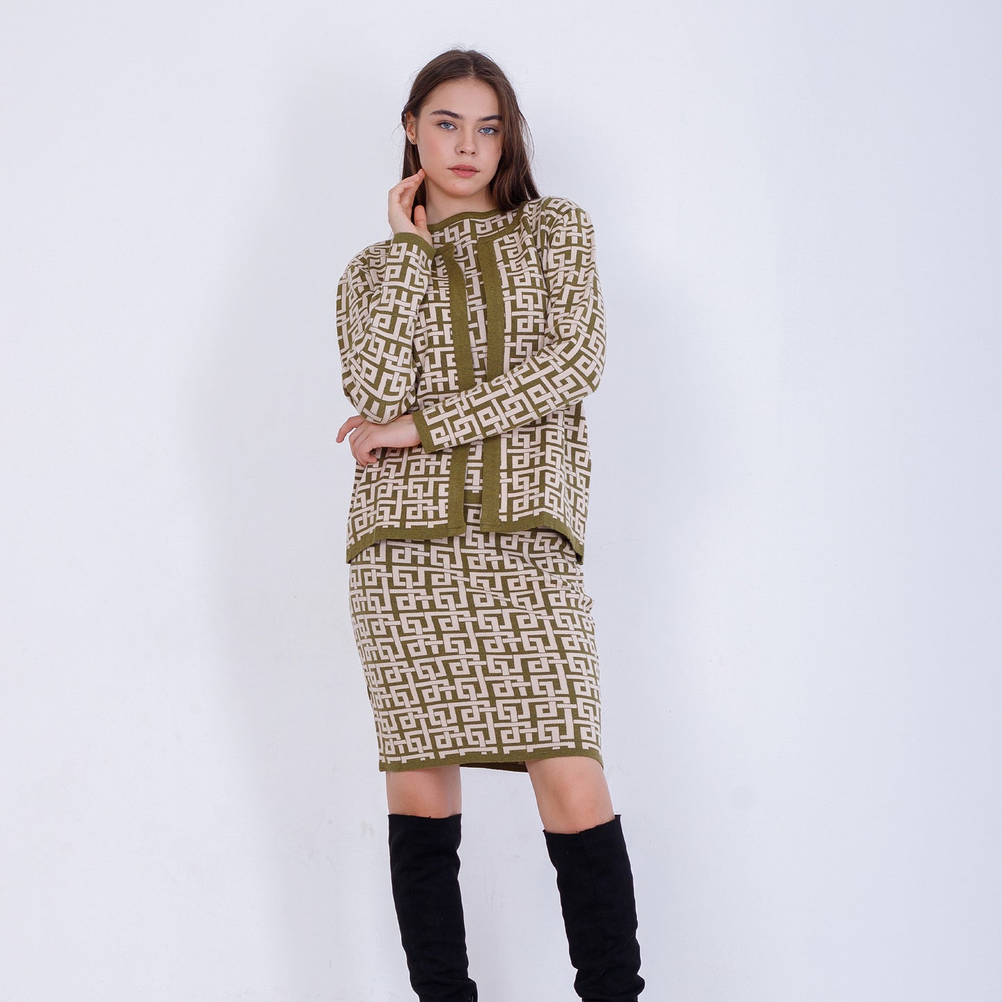 Olive Jacquard Set of Jacket, Top & Midi Skirt