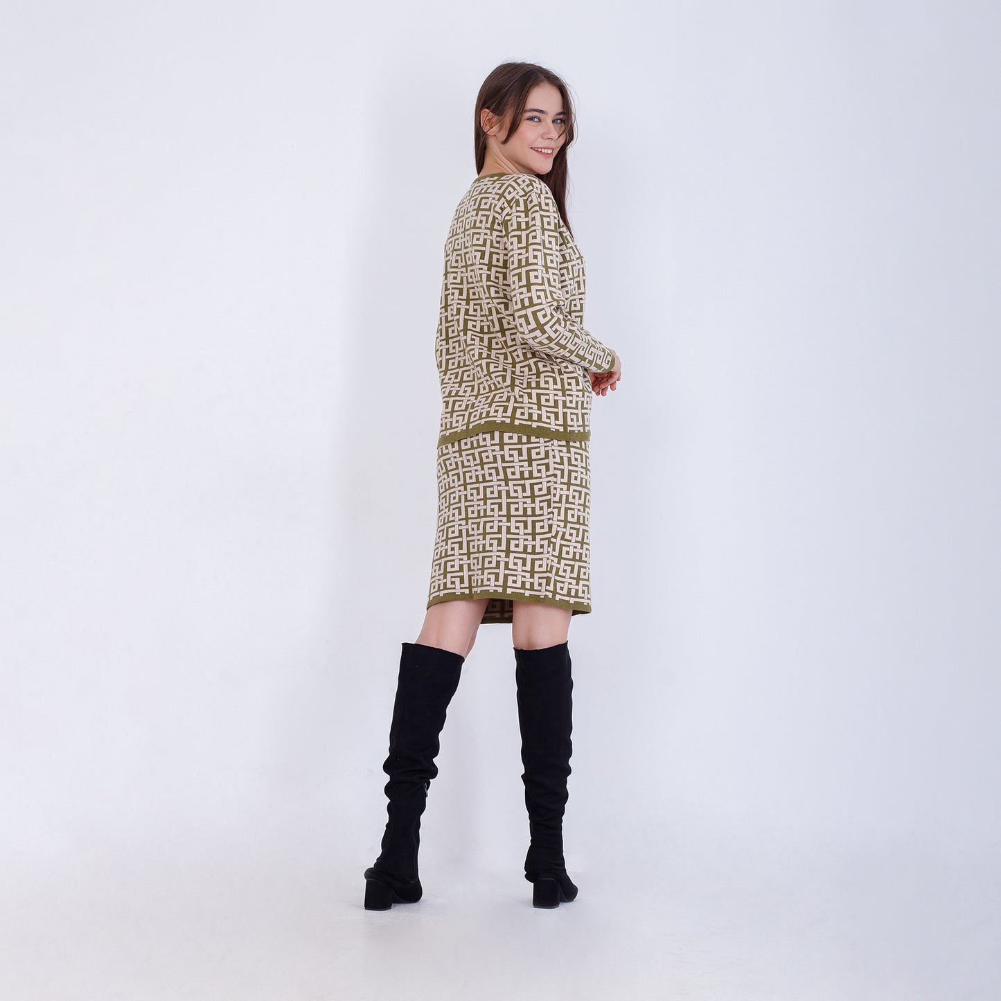 Olive Jacquard Set of Jacket, Top & Midi Skirt