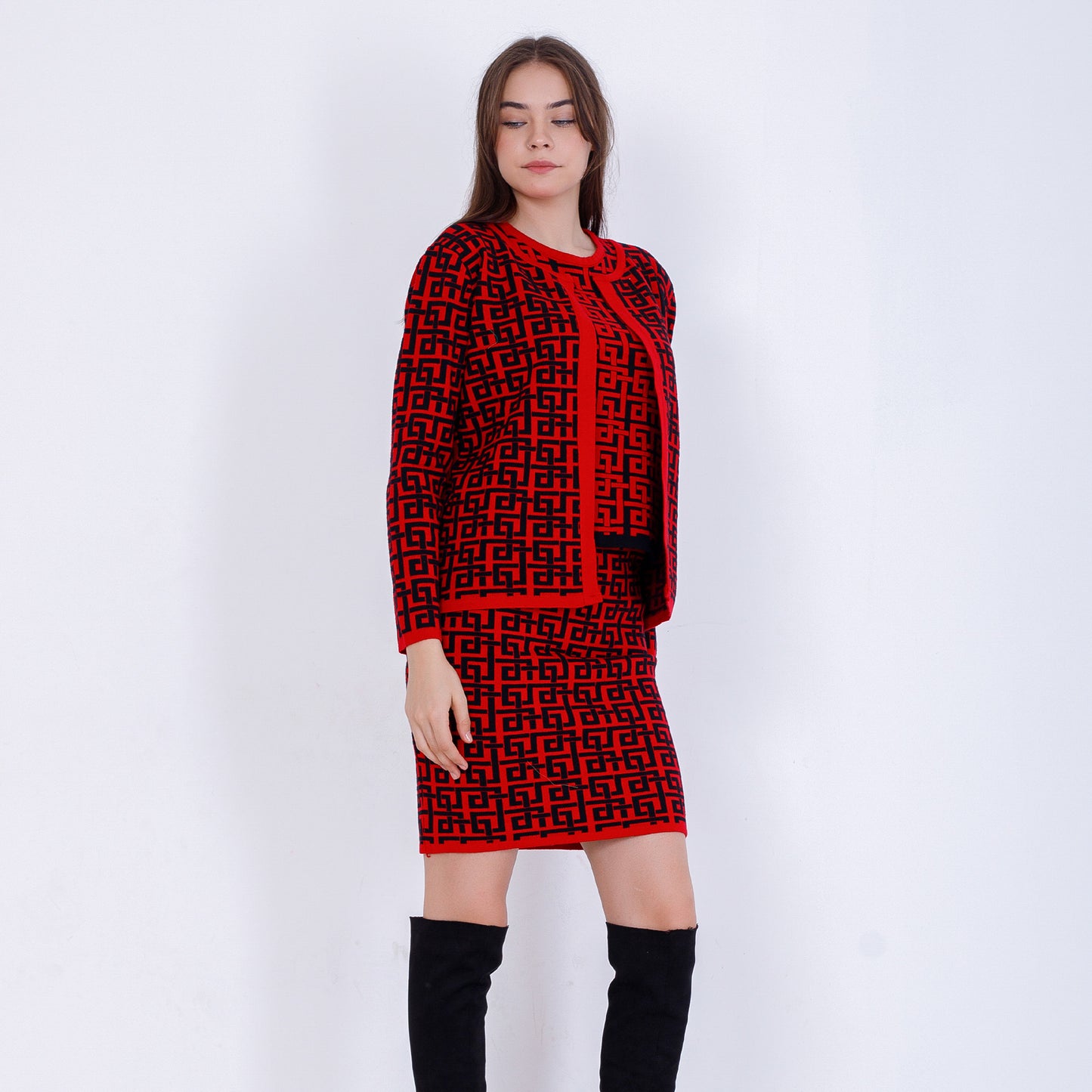 Red Jacquard Set of Jacket, Top & Midi Skirt