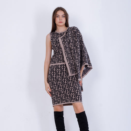 طقم جاكار القهوة مكون من جاكيت وقميص وتنورة متوسطة الطول