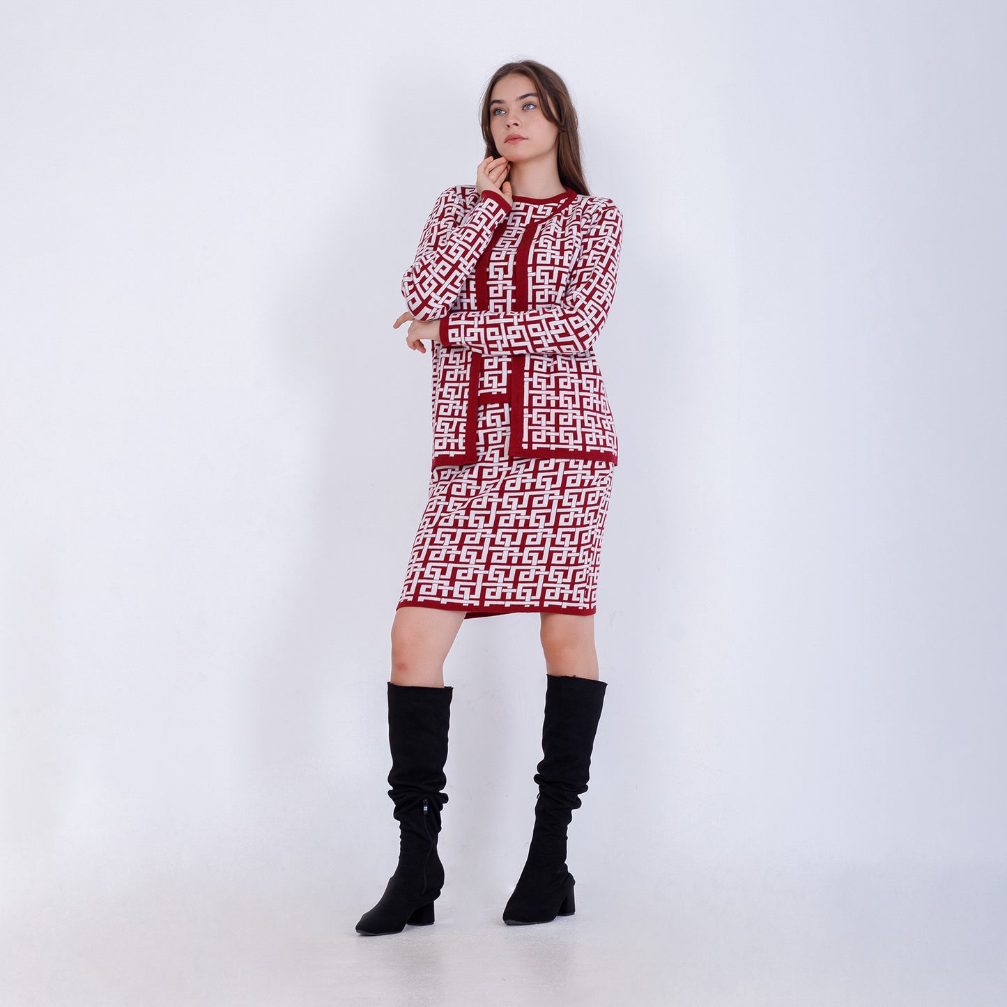 Burgundy Jacquard Set of Jacket, Top & Midi Skirt