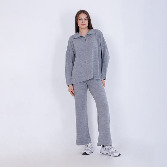 Silver Knitted Set of Zip Neck Sweater & Pants