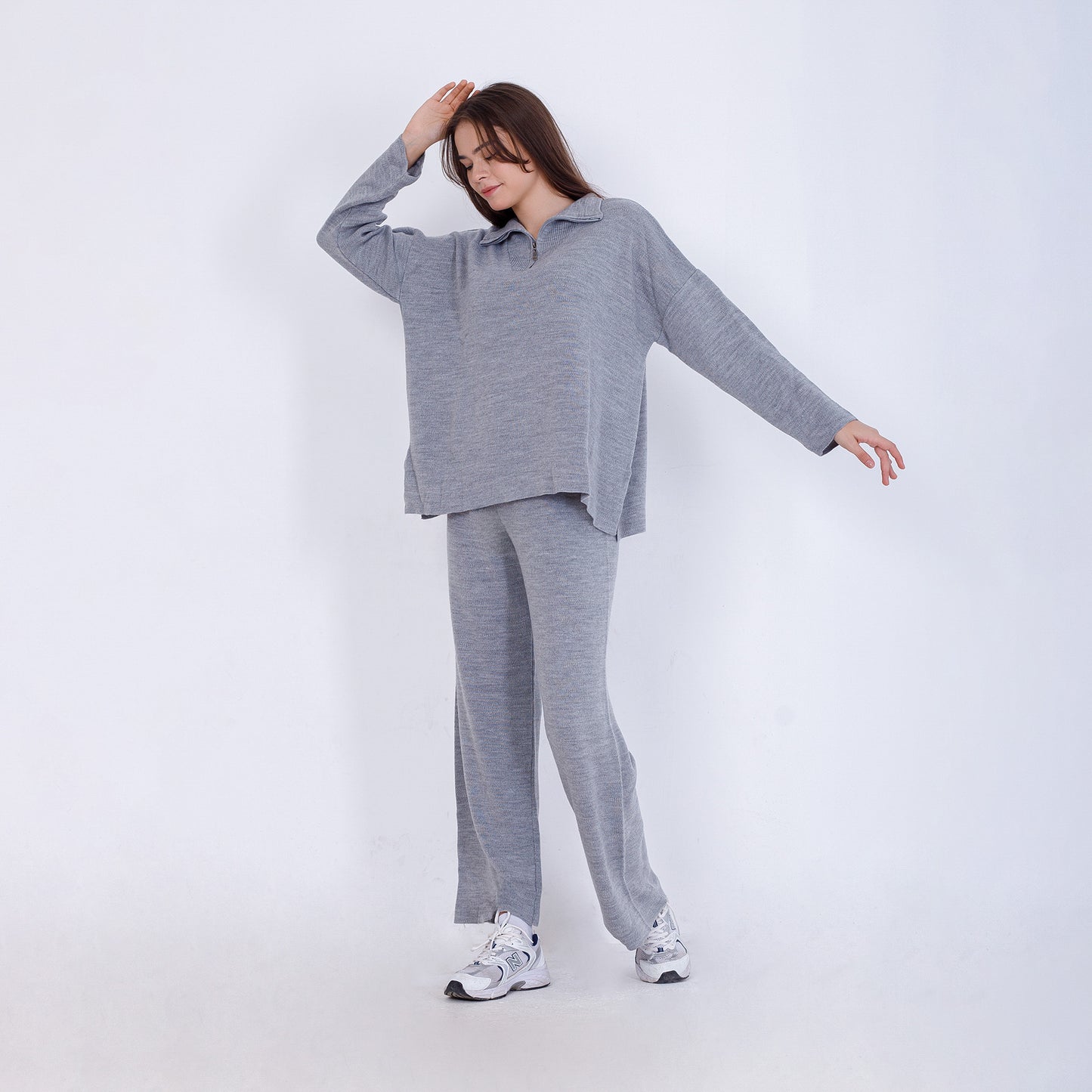 Silver Knitted Set of Zip Neck Sweater & Pants