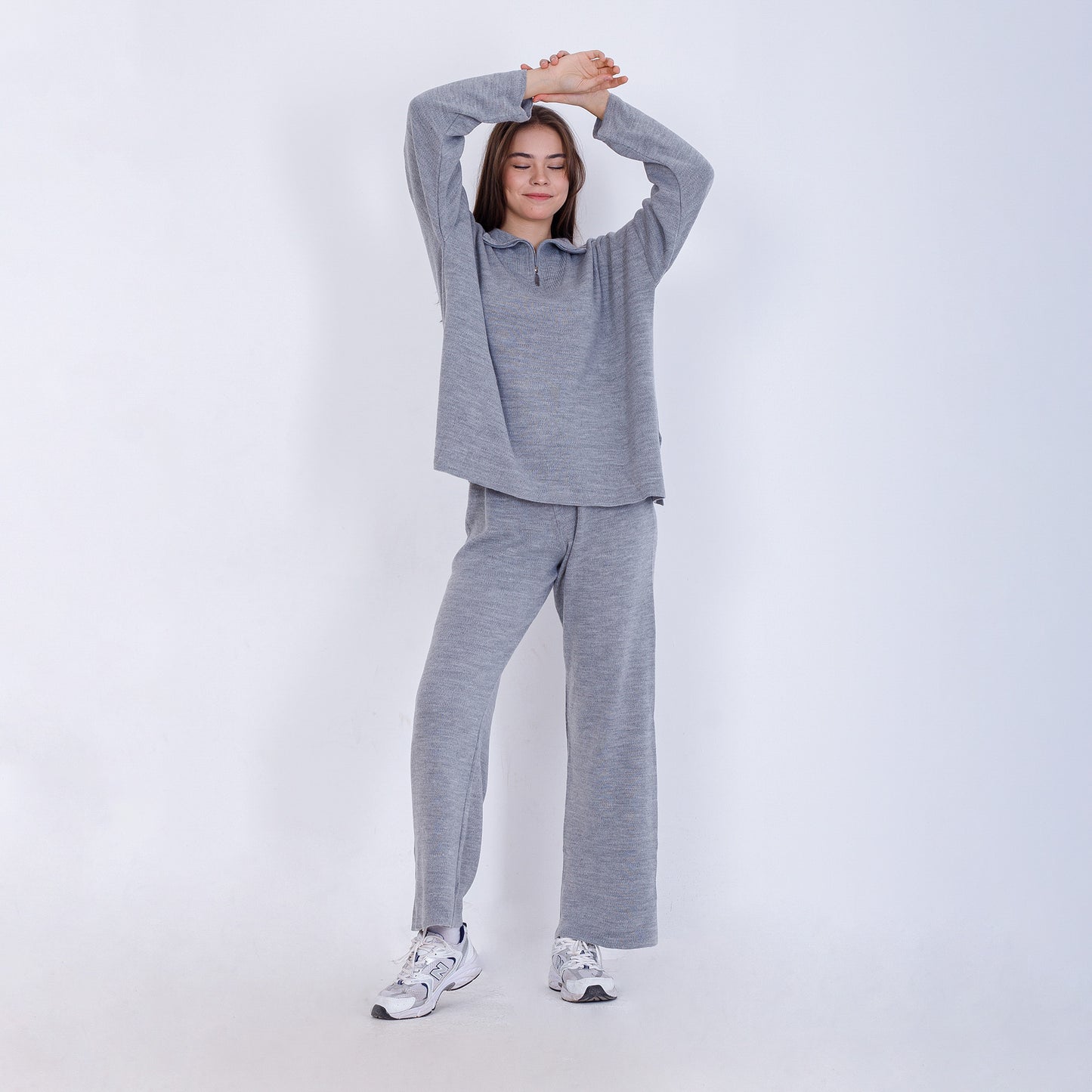 Silver Knitted Set of Zip Neck Sweater & Pants