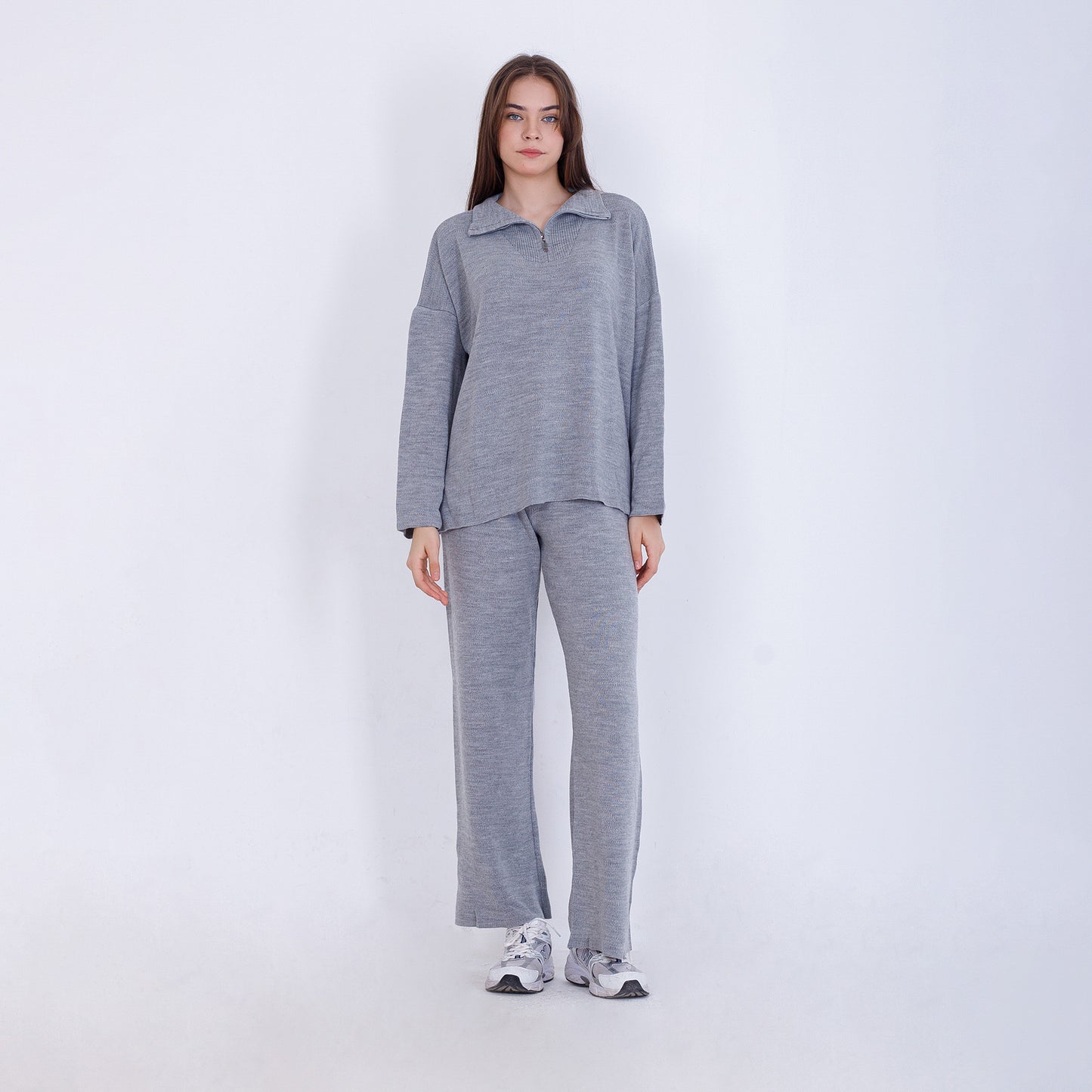 Silver Knitted Set of Zip Neck Sweater & Pants