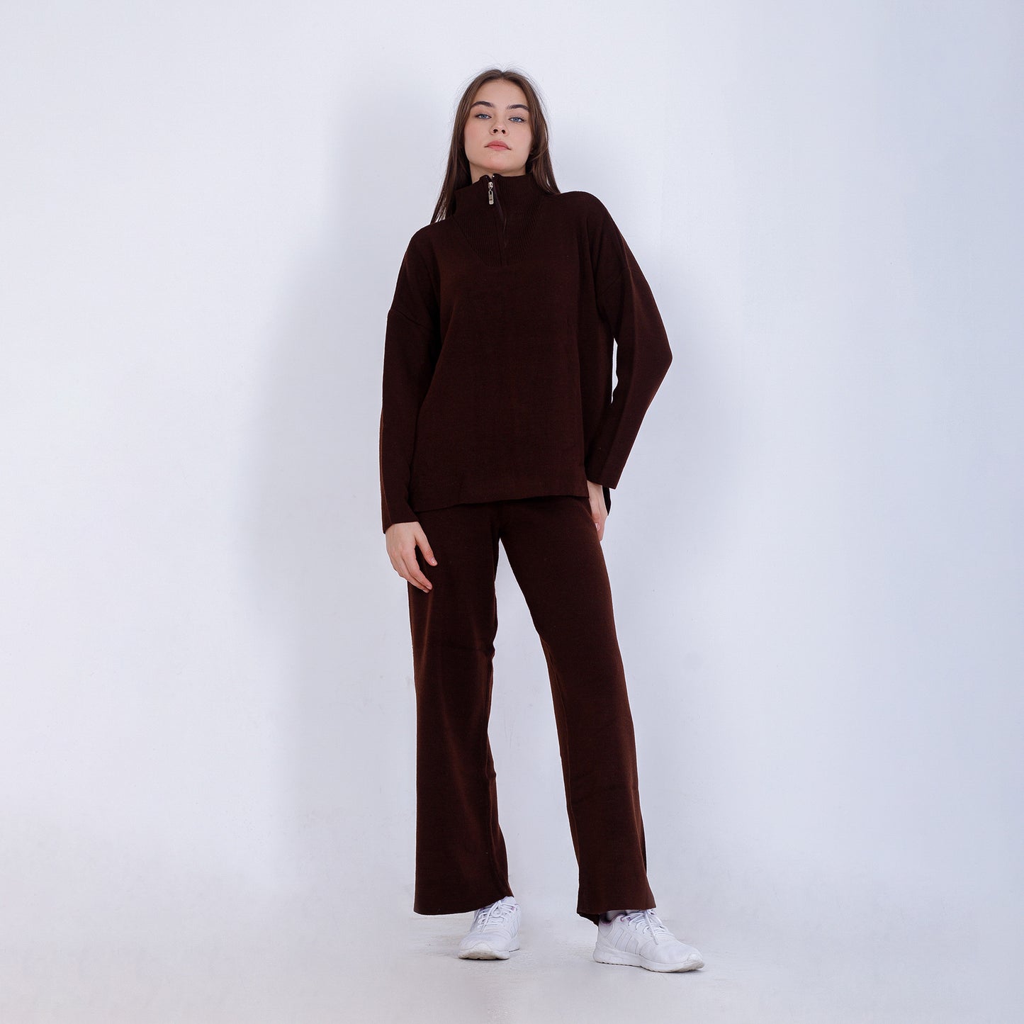 Brown Knitted Set of Zip Neck Sweater & Pants