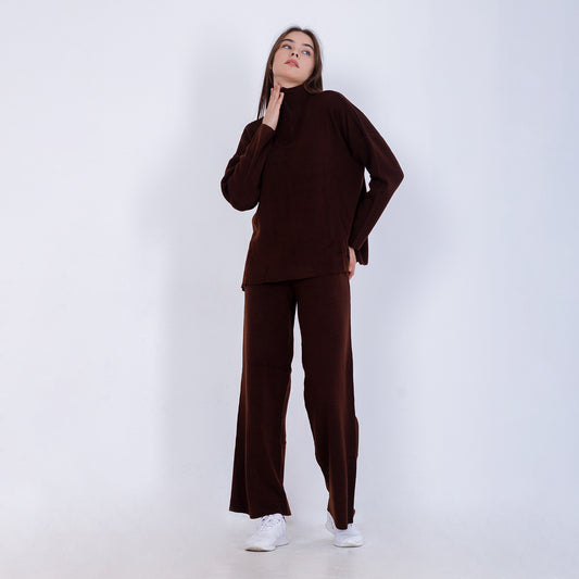 Brown Knitted Set of Zip Neck Sweater & Pants