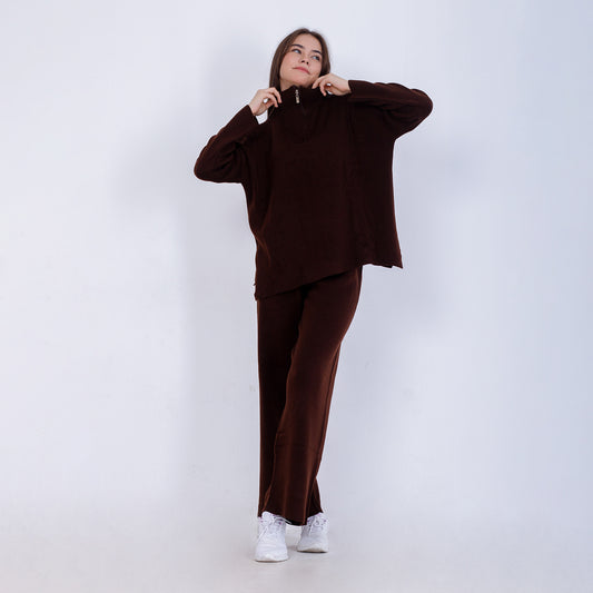 Brown Knitted Set of Zip Neck Sweater & Pants