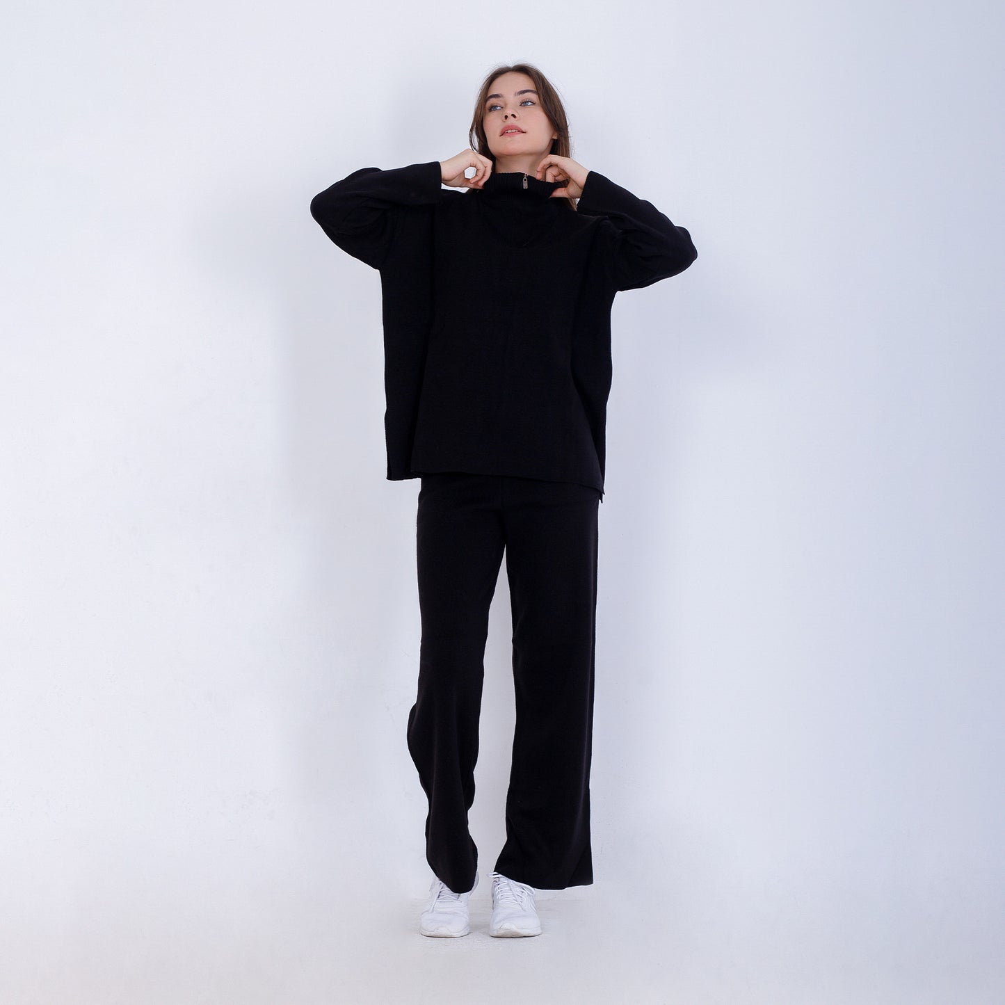 Black Knitted Set of Zip Neck Sweater & Pants