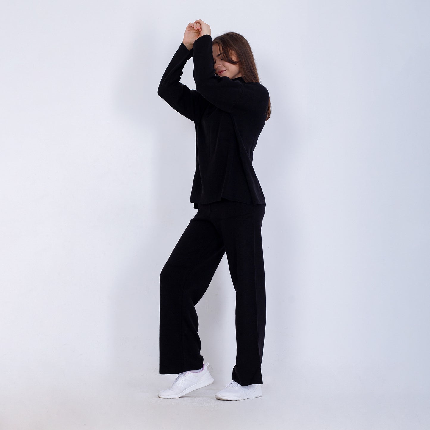 Black Knitted Set of Zip Neck Sweater & Pants