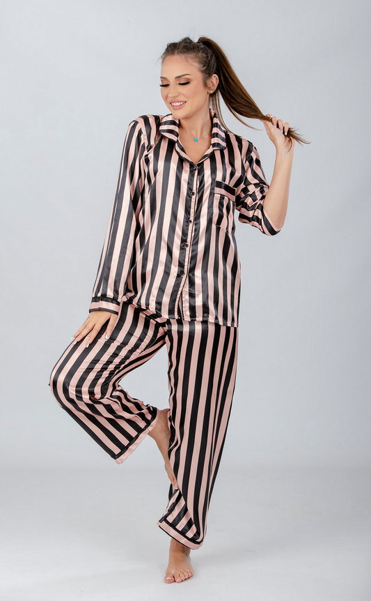 Black Striped Satin Pajama Set