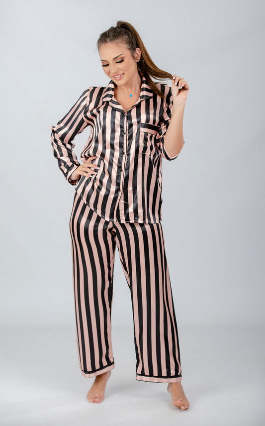 Black Striped Satin Pajama Set