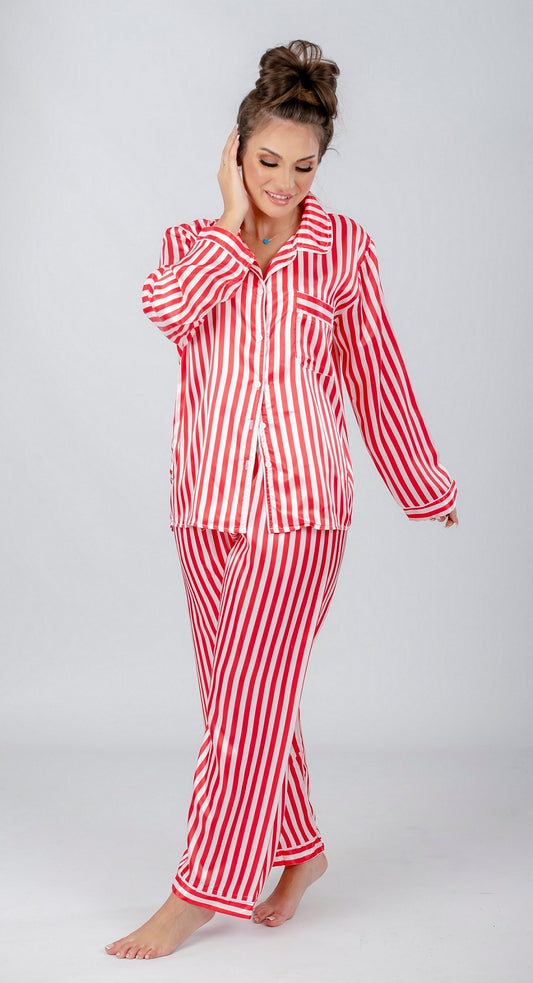 Red Striped Satin Pajama Set