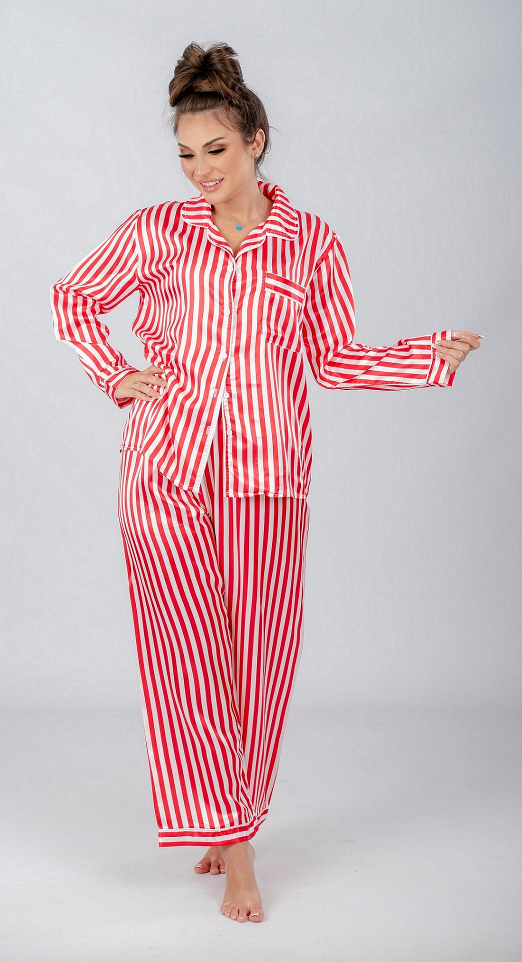 Red Striped Satin Pajama Set