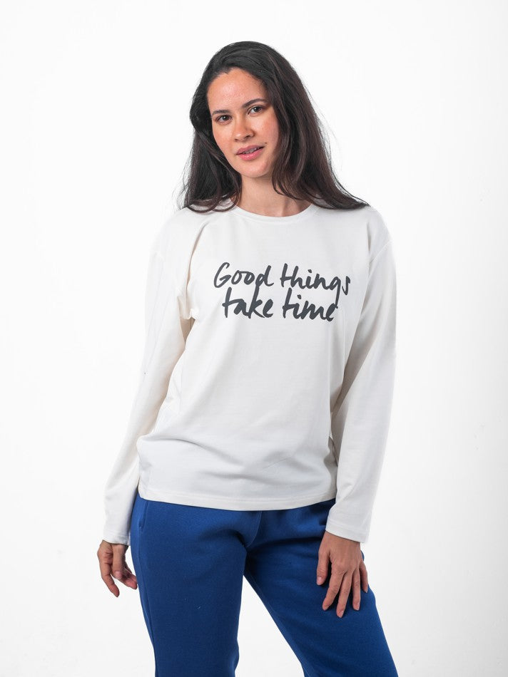 White "Good Things Take Time" Printed T-Shirt