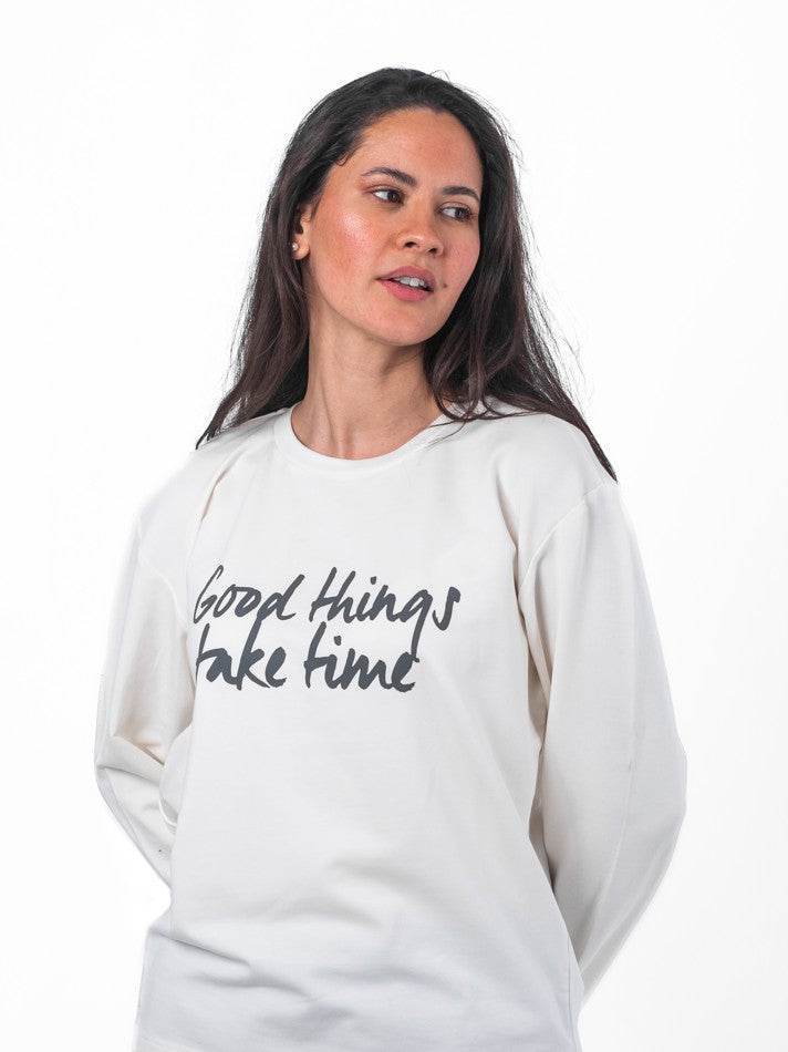 White "Good Things Take Time" Printed T-Shirt