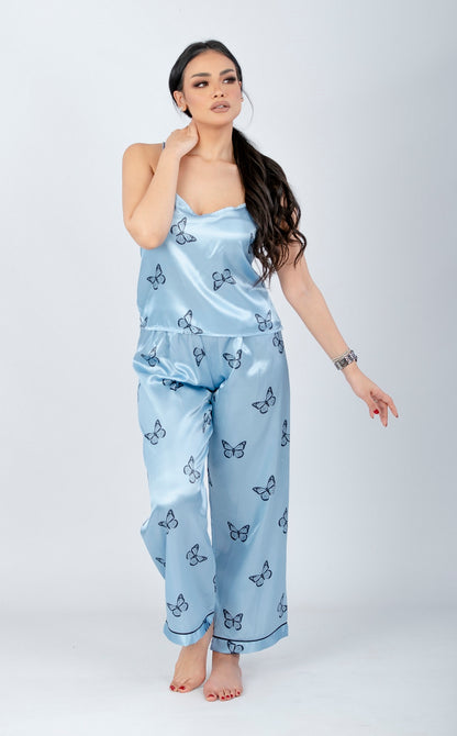 طقم بيجامة بطبعة فراشات، مكون من 3 قطع، أزرق فاتح