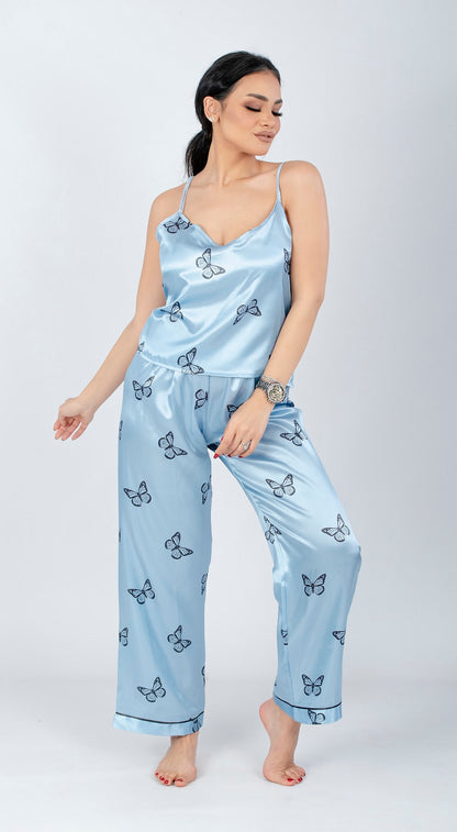 طقم بيجامة بطبعة فراشات، مكون من 3 قطع، أزرق فاتح