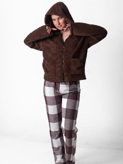 طقم بيجامة تيدي بغطاء رأس، بني، 3 قطع