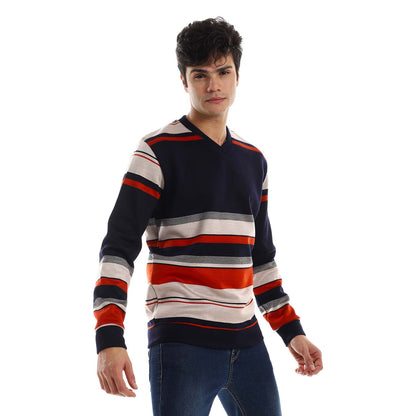 Striped V-Neck Fleeced Pullover - بلوفر صوف مخطط برقبة V