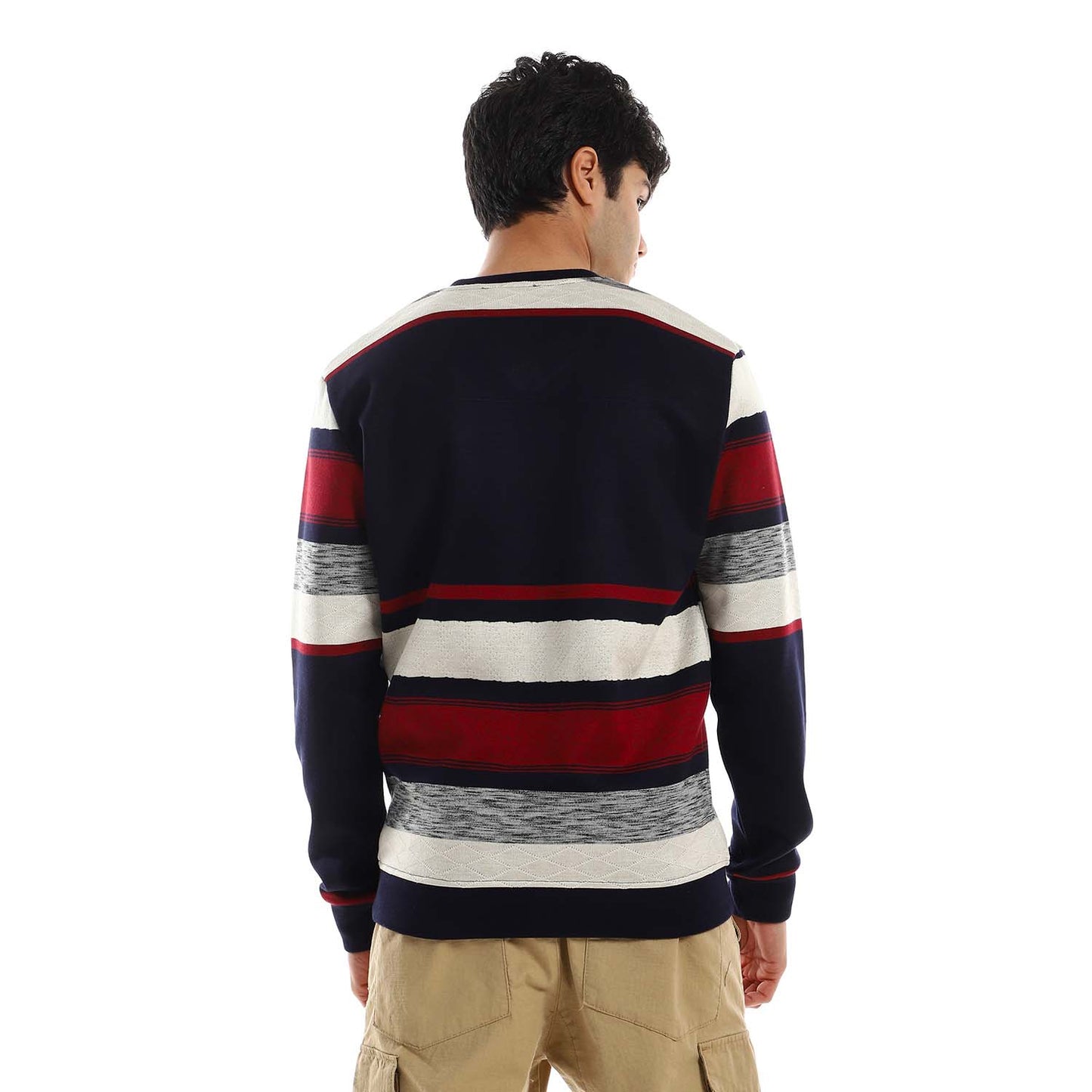 Striped V-Neck Fleeced Pullover - بلوفر صوف مخطط برقبة V