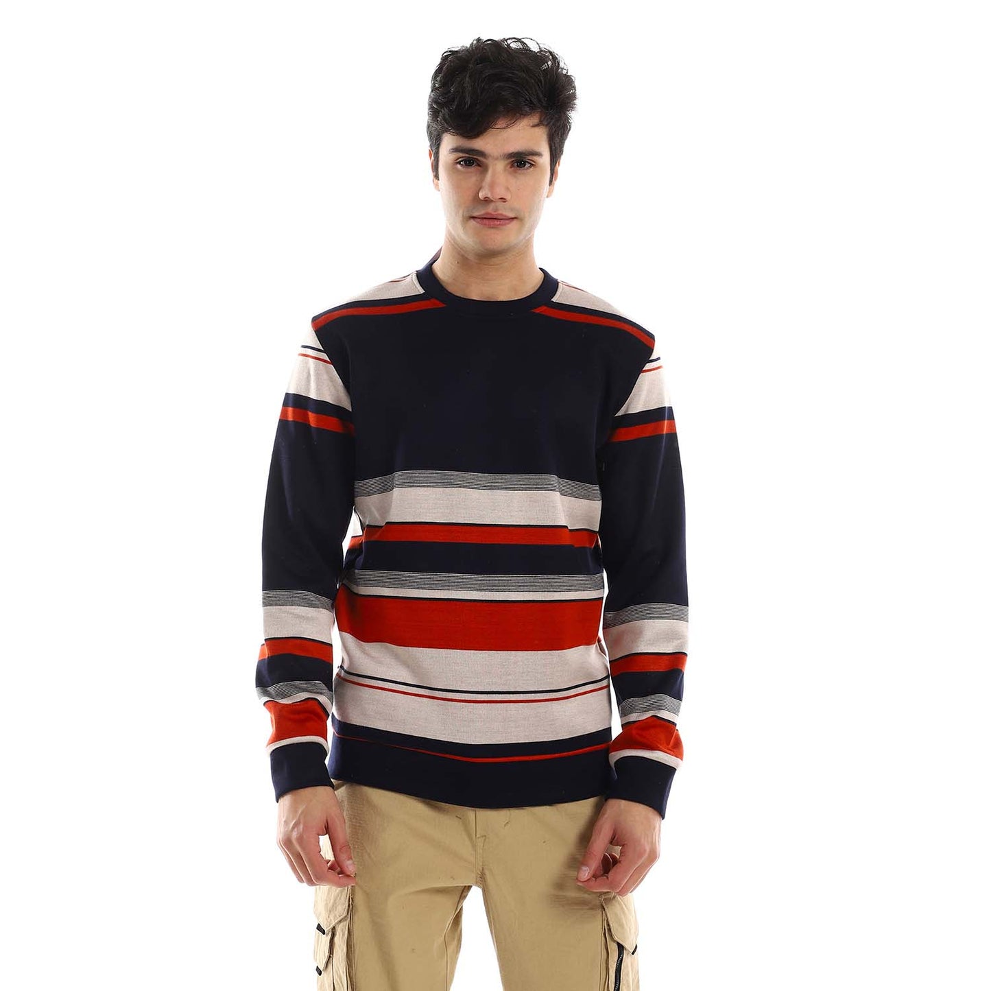 Striped Crew Neck Fleeced Pullover - بلوفر صوف مخطط برقبة دائرية