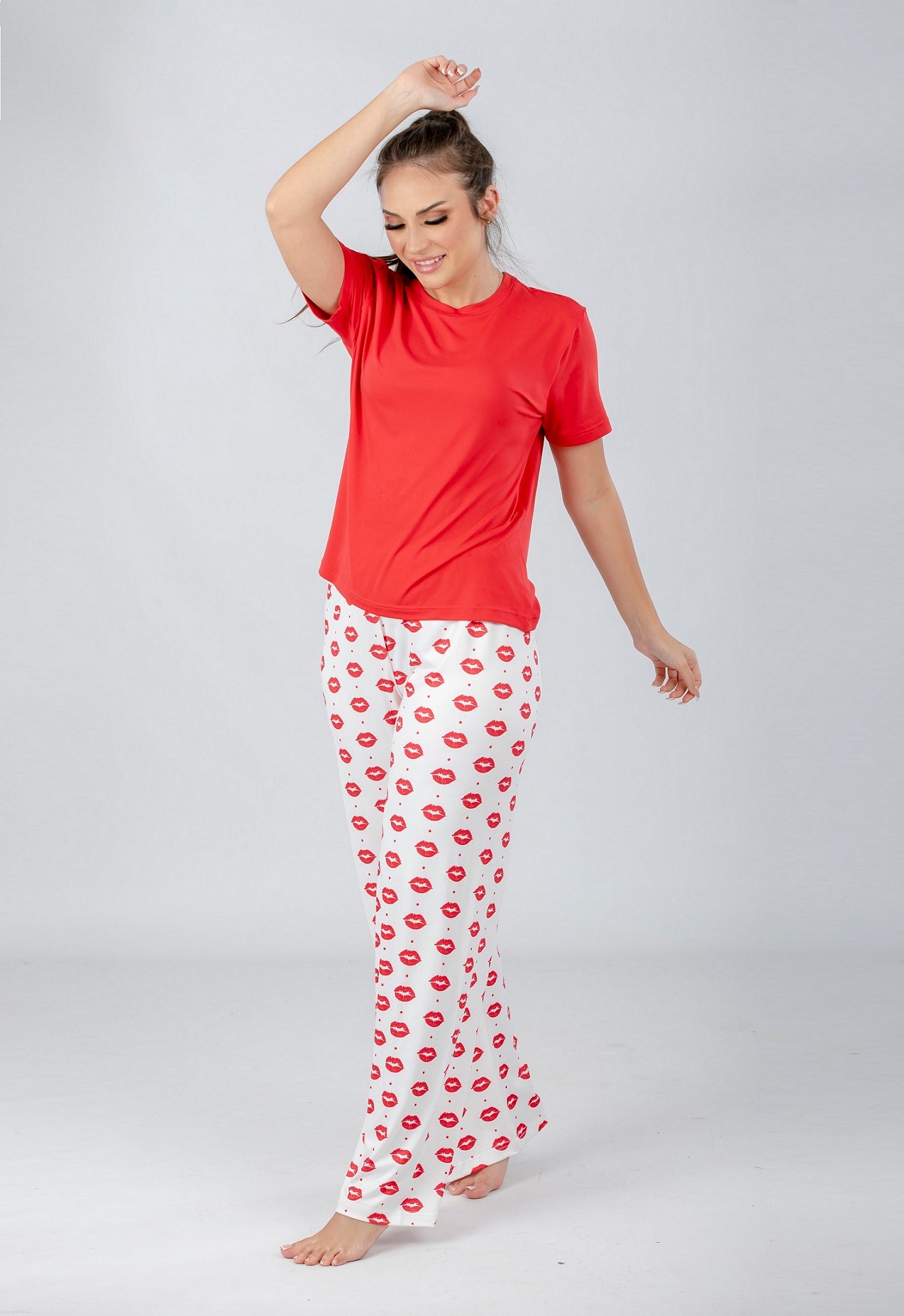 Red Solid Top & Printed Pants Pajama Set