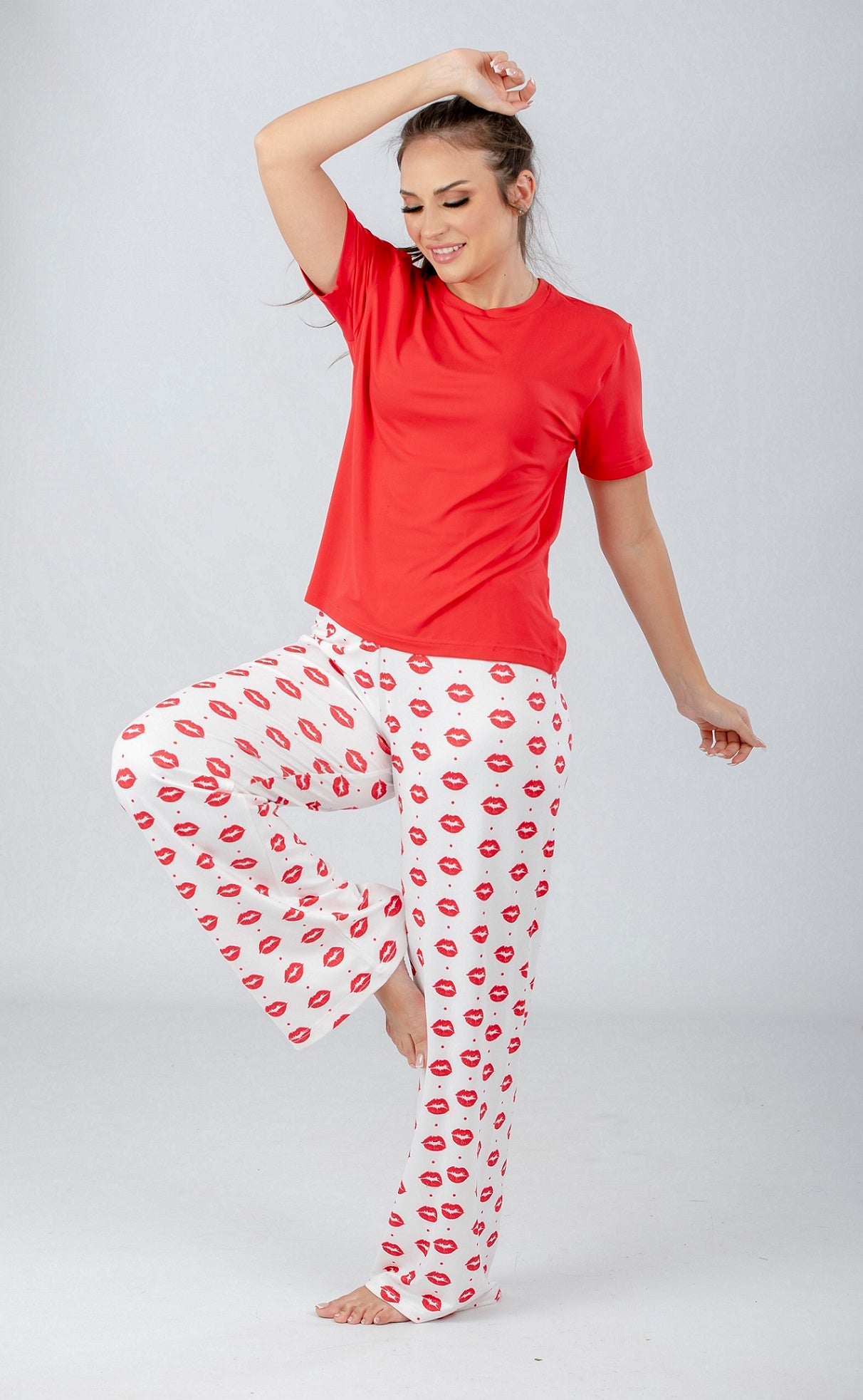 Red Solid Top & Printed Pants Pajama Set