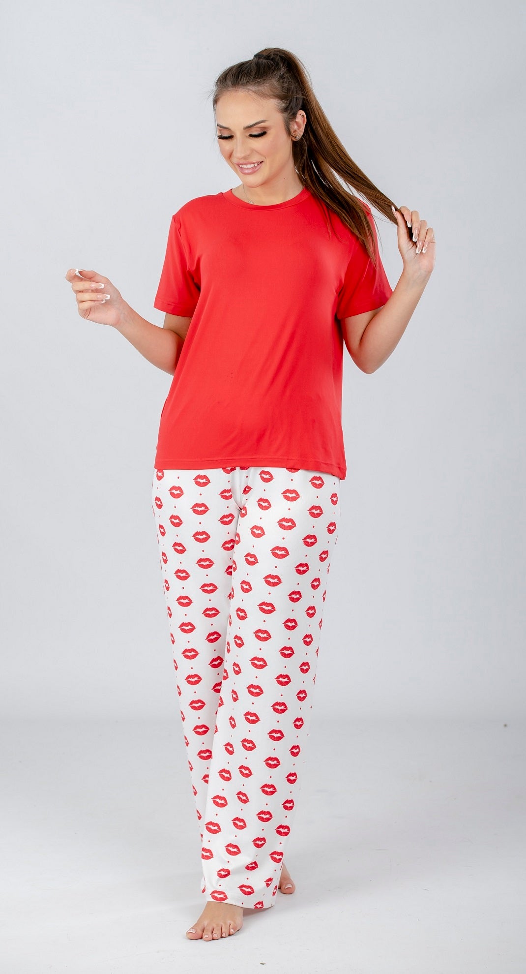 Red Solid Top & Printed Pants Pajama Set