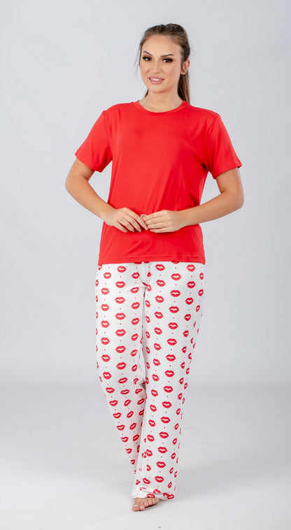 Red Solid Top & Printed Pants Pajama Set