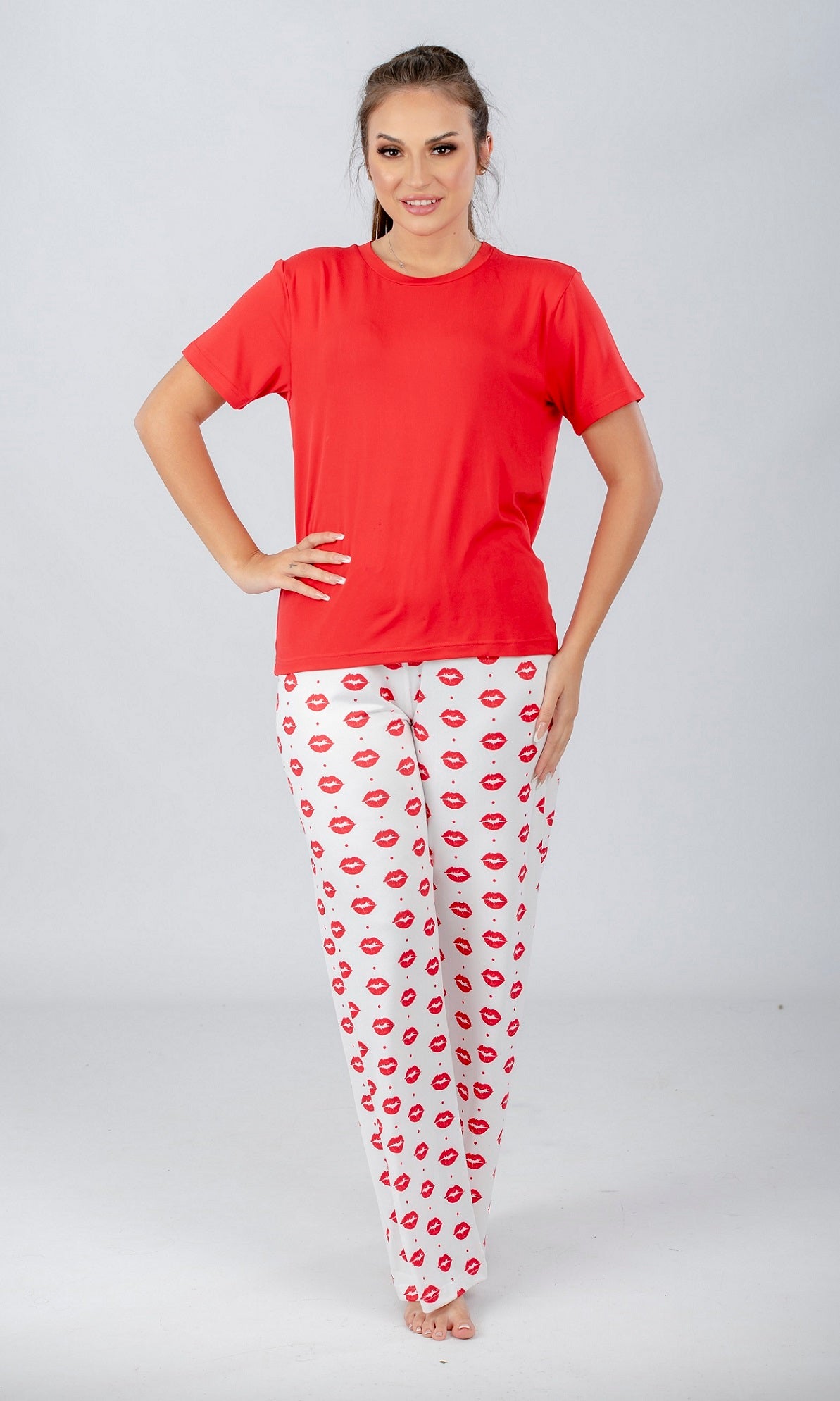 Red Solid Top & Printed Pants Pajama Set