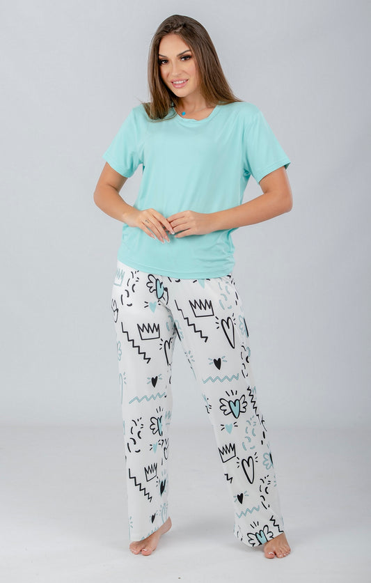 طقم بيجامة من توب سادة وبنطال مطبوع بلون النعناع