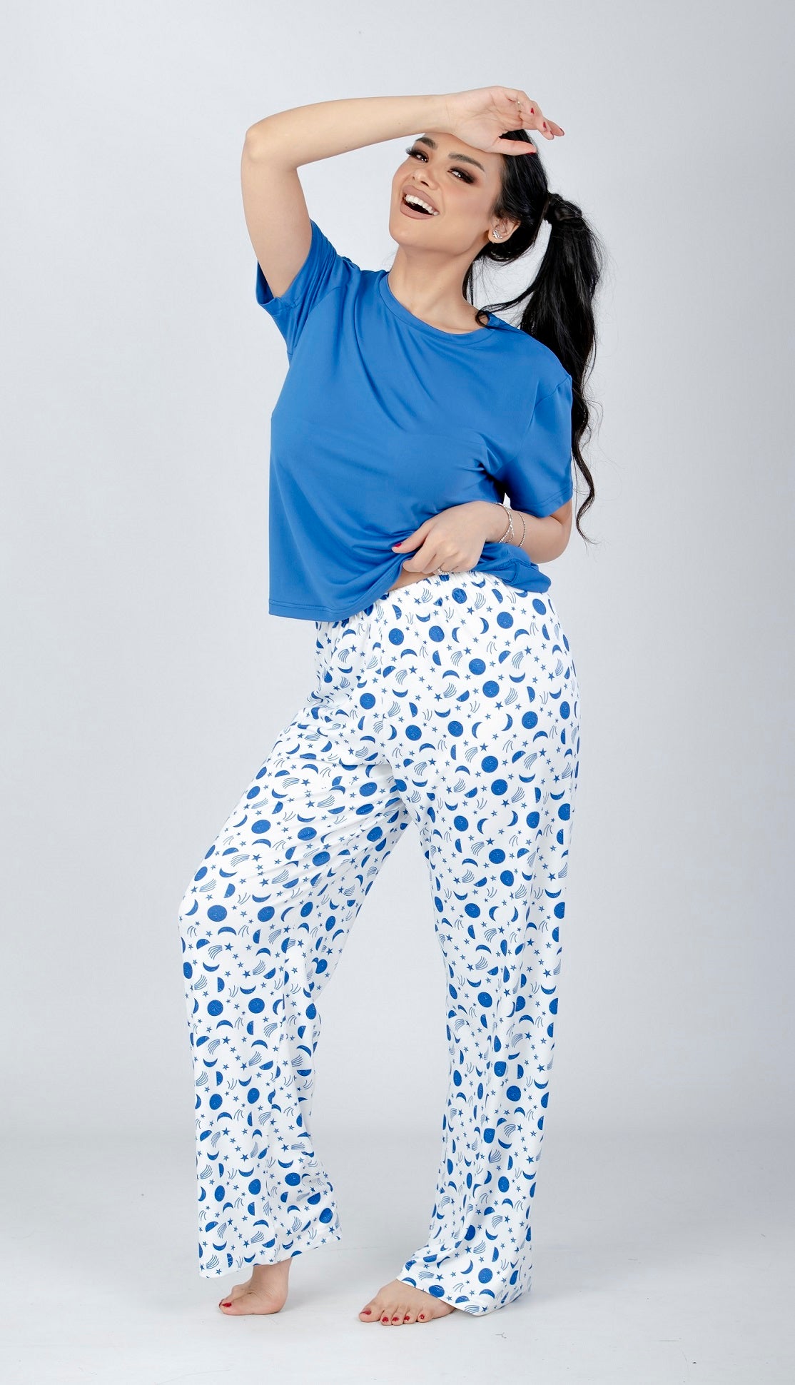 Blue Solid Top & Printed Pants Pajama Set