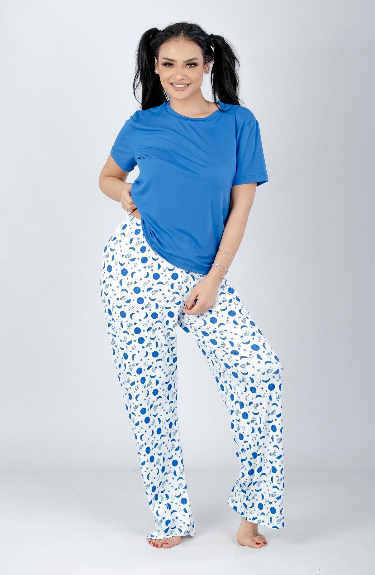 Blue Solid Top & Printed Pants Pajama Set