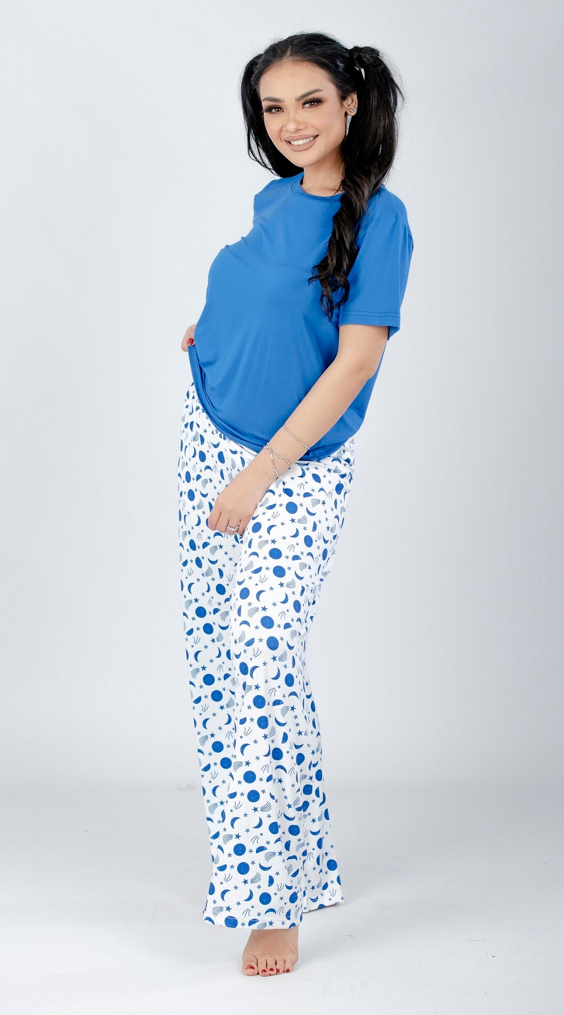 Blue Solid Top & Printed Pants Pajama Set