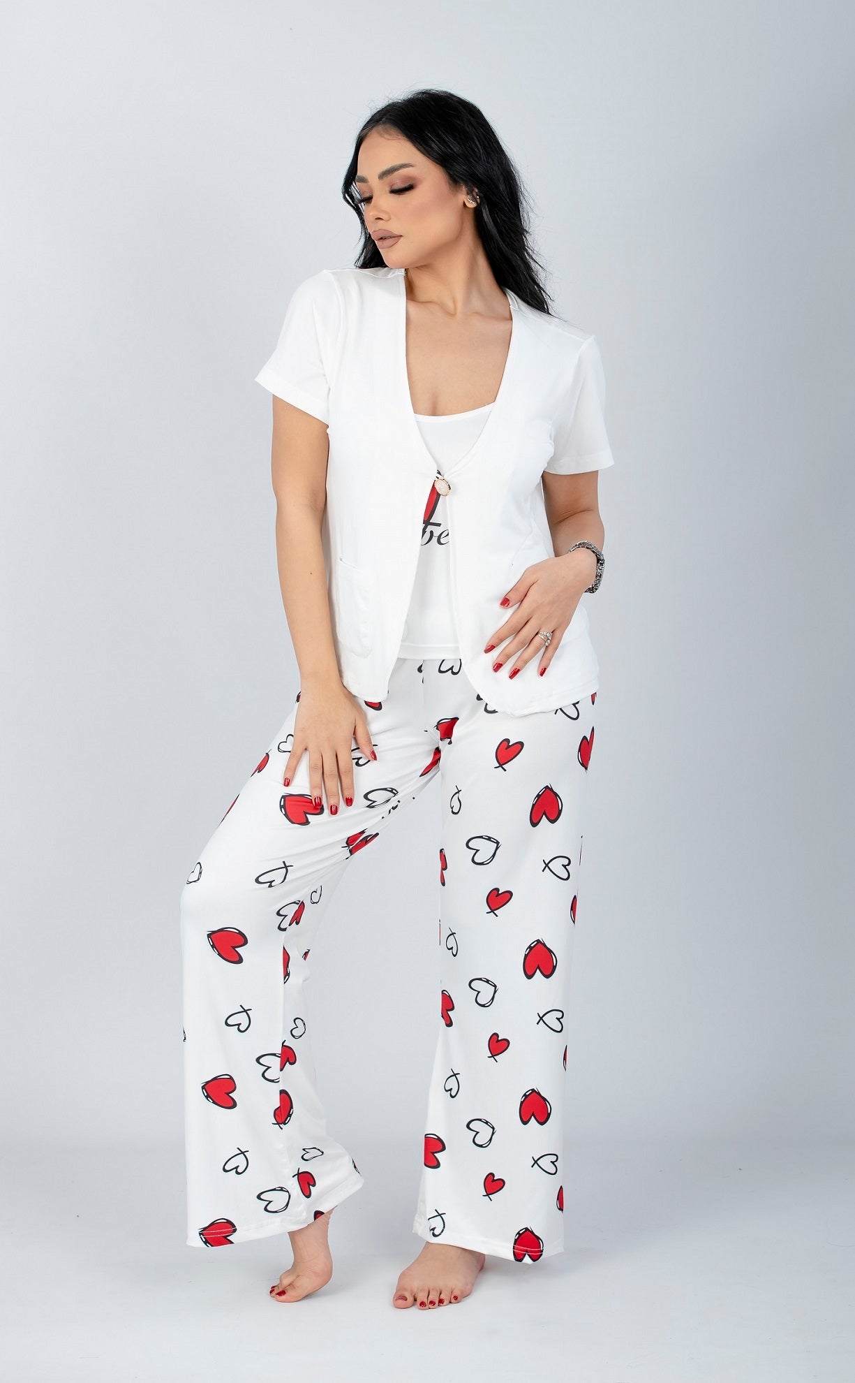 Red 3 Pieces Heart Print Pajama Set