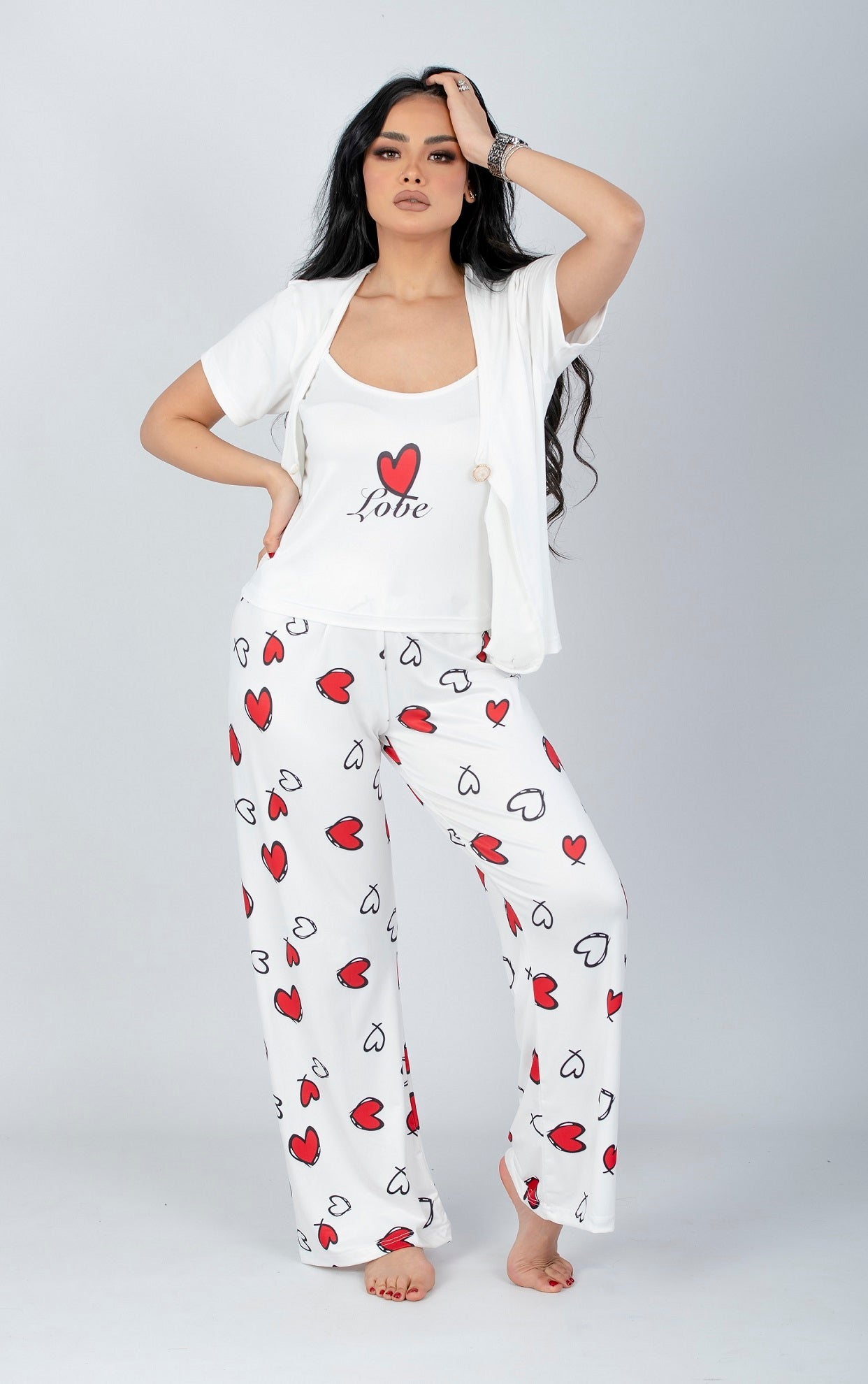 Red 3 Pieces Heart Print Pajama Set