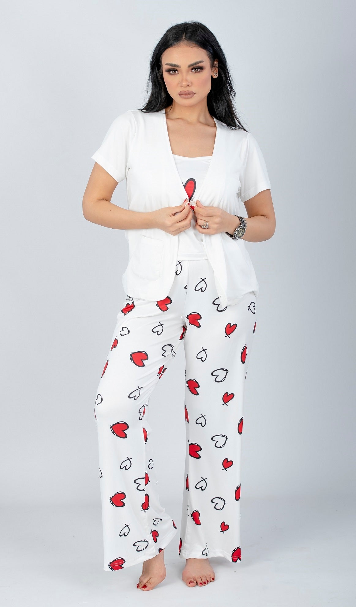 Red 3 Pieces Heart Print Pajama Set