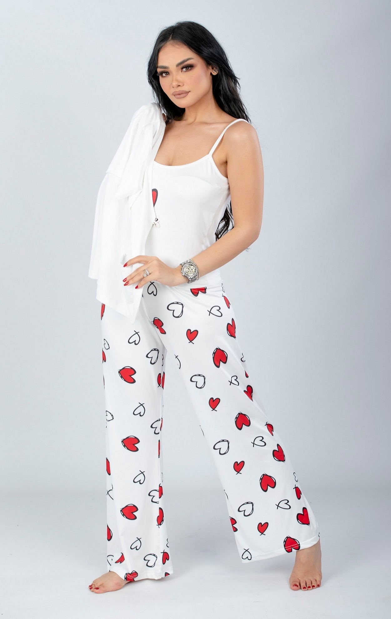 Red 3 Pieces Heart Print Pajama Set