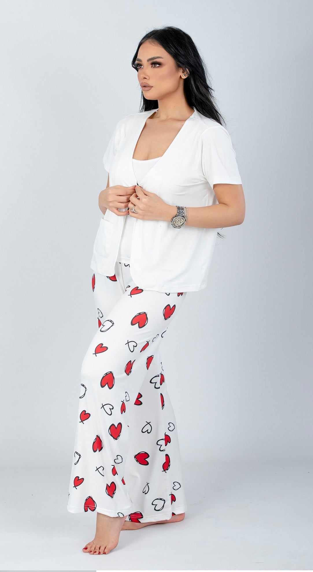 Red 3 Pieces Heart Print Pajama Set