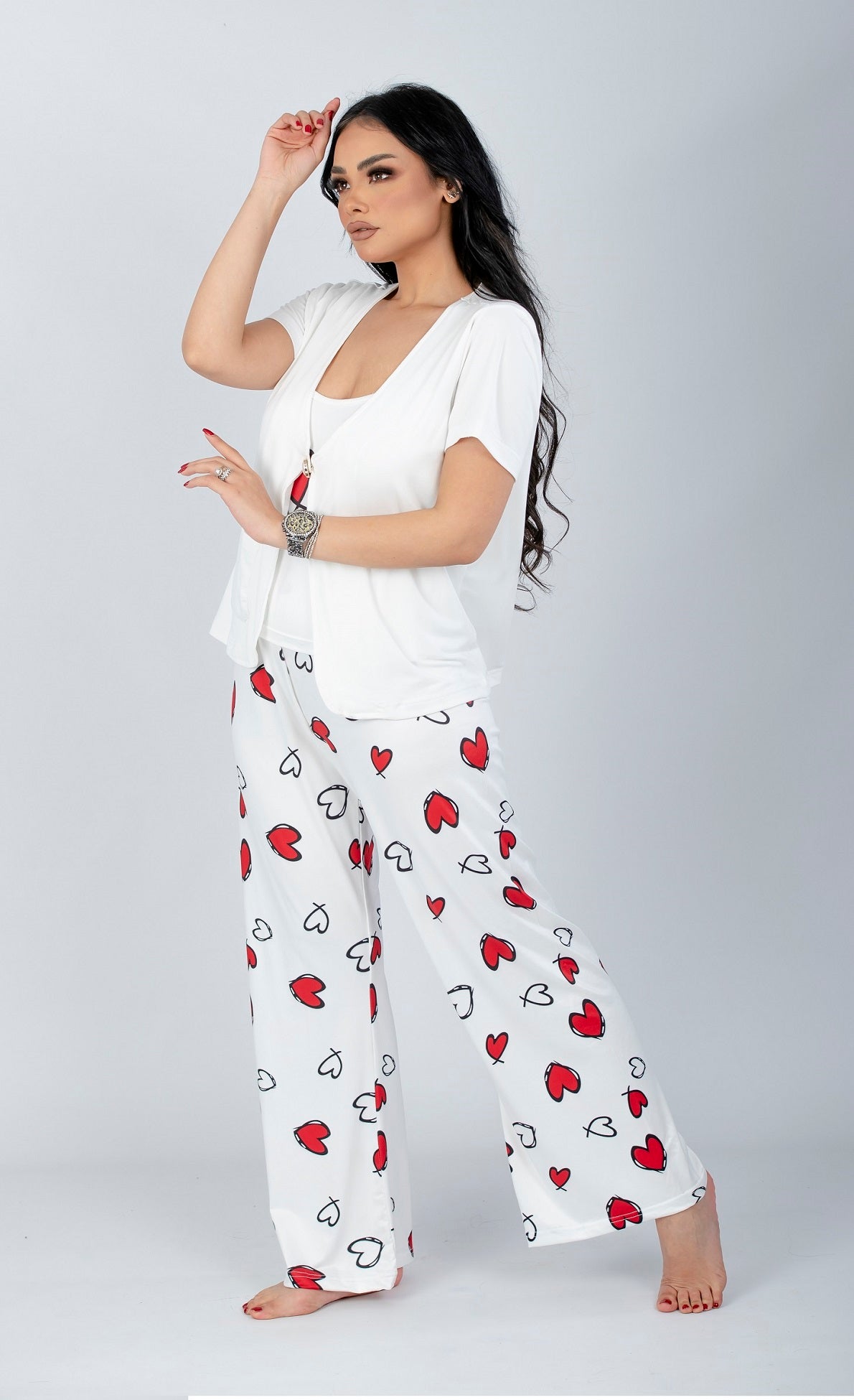 Red 3 Pieces Heart Print Pajama Set