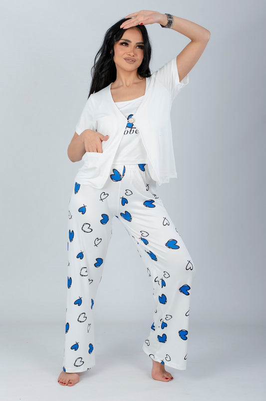 Blue 3 Pieces Heart Print Pajama Set