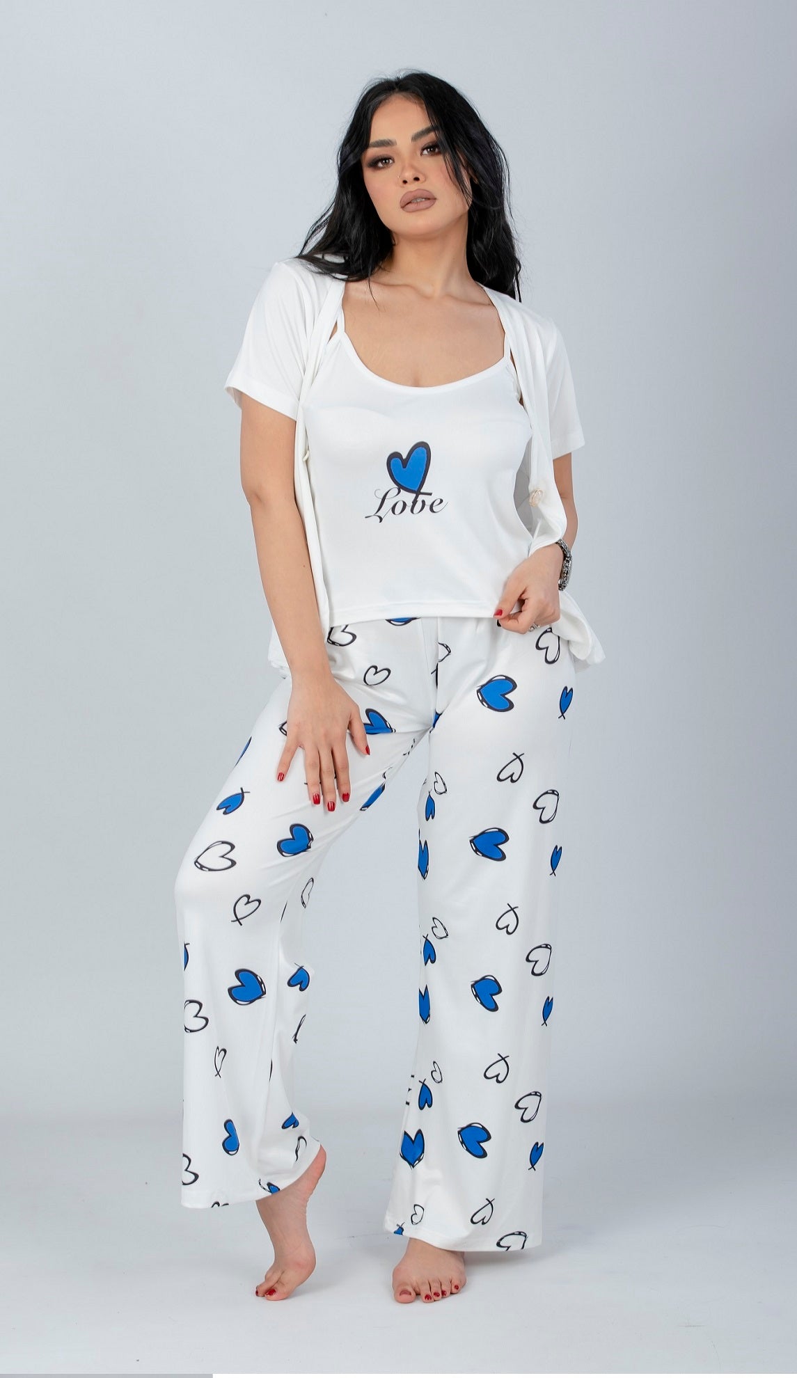 Blue 3 Pieces Heart Print Pajama Set