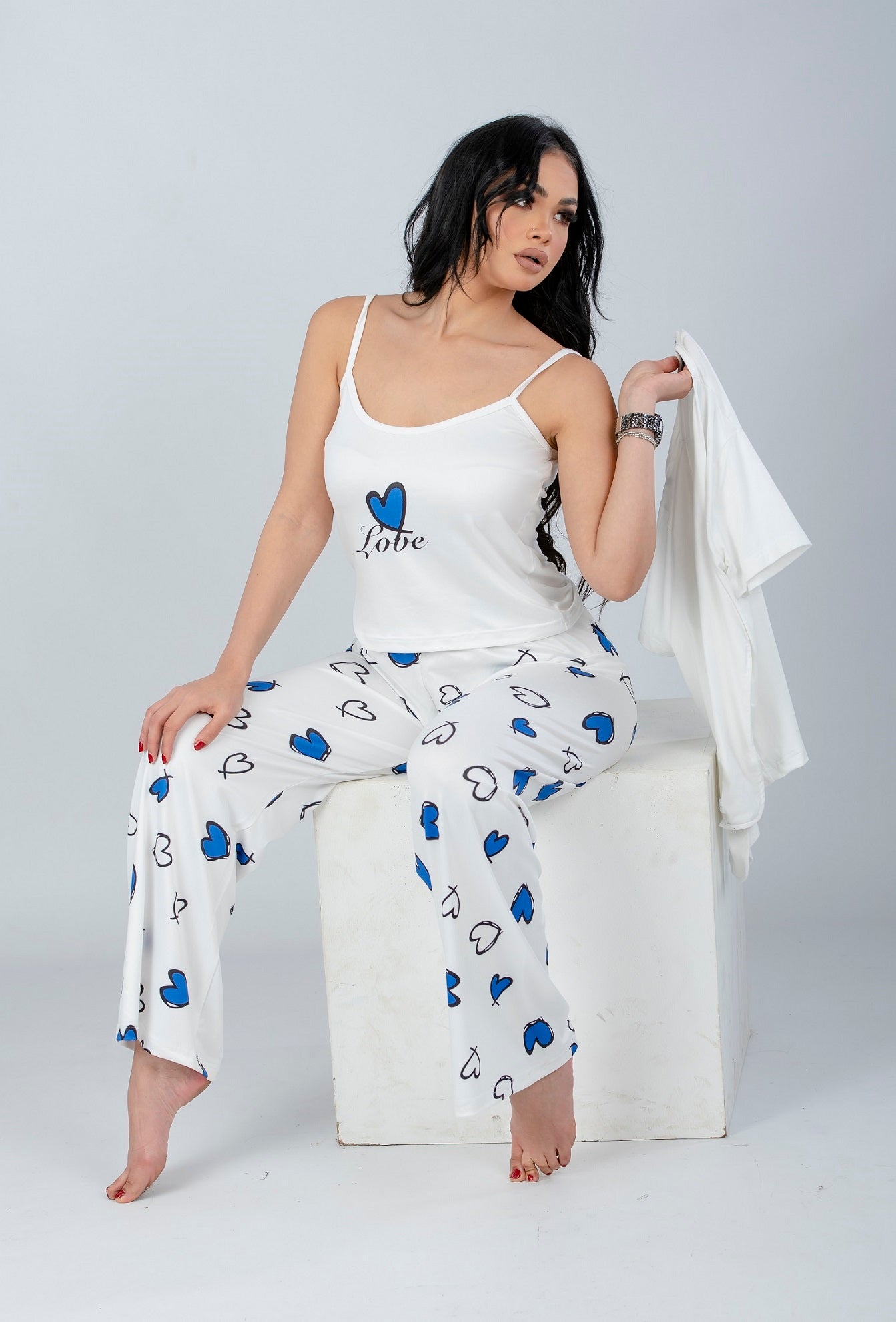 Blue 3 Pieces Heart Print Pajama Set