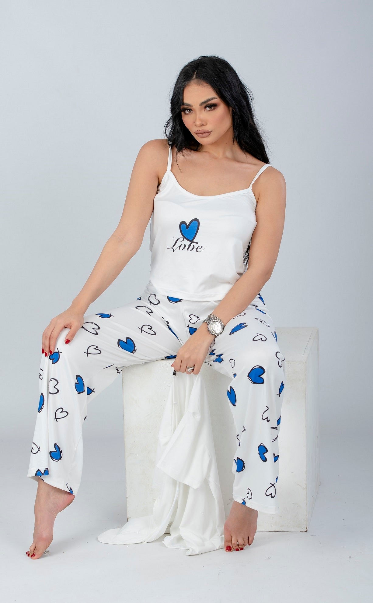 Blue 3 Pieces Heart Print Pajama Set