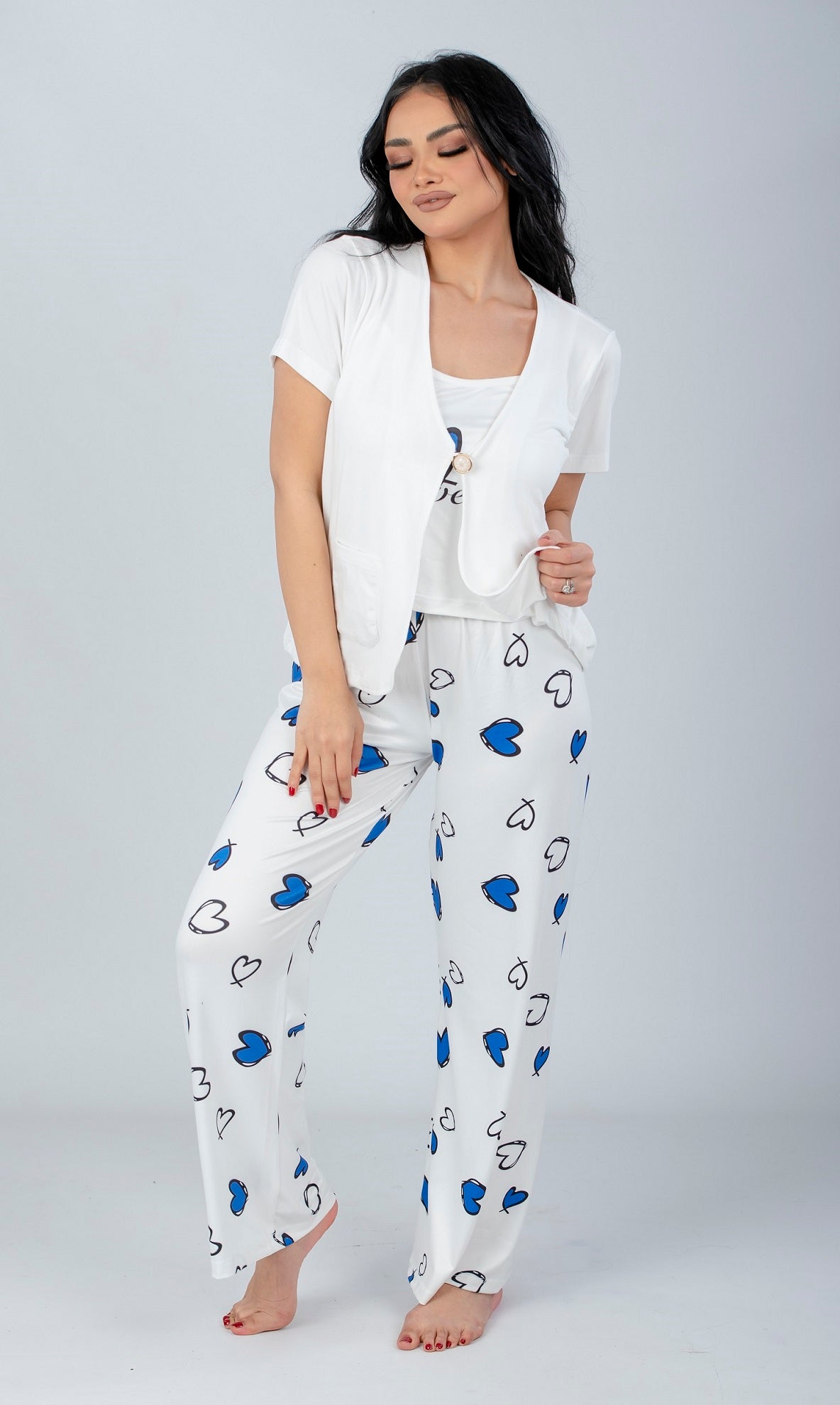 Blue 3 Pieces Heart Print Pajama Set